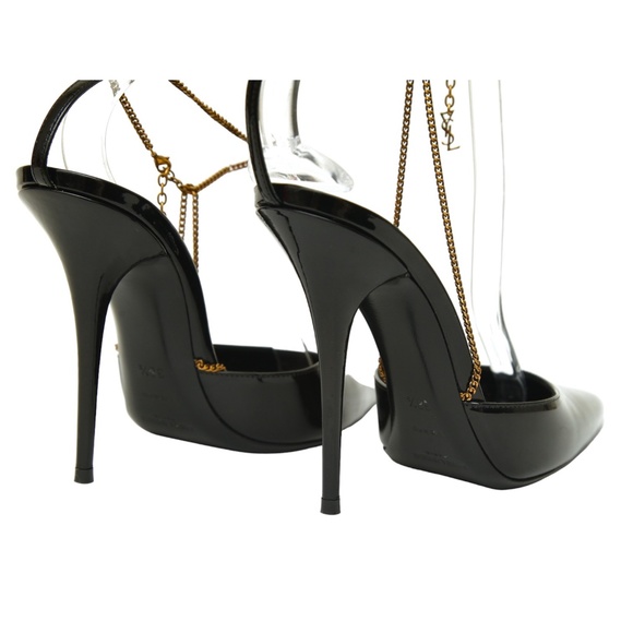 SAINT LAURENT Black Patent Leather Pump CLAW CHAIN YSL Logo Heel Gold Ankle 38.5 - Picture 7 of 10